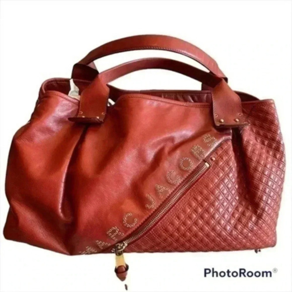 Marc Jacobs irina studded satchel weekend leather tote orange rust larg…